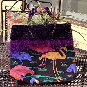 Colorful Flamingo Print Handbag with Purple Fringe